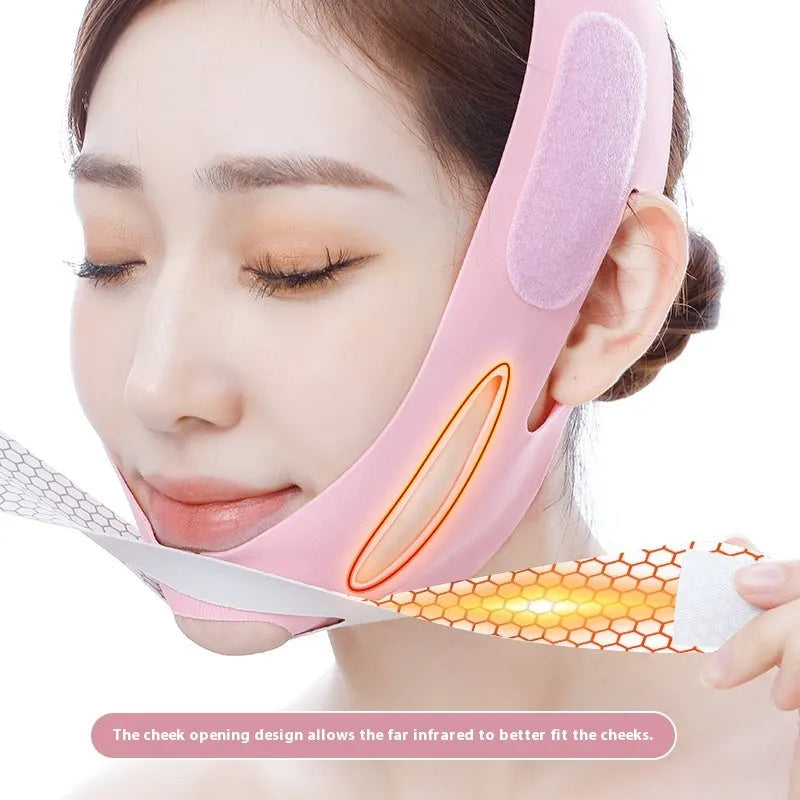 Pink and black elastic V-shaped face bandage for facial contouring with packaging options