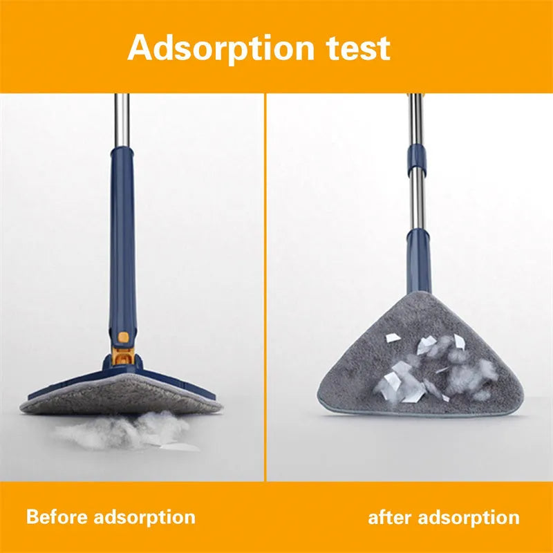 Blue triangle cleaning mop with extendable pole rotating to clean wall corners