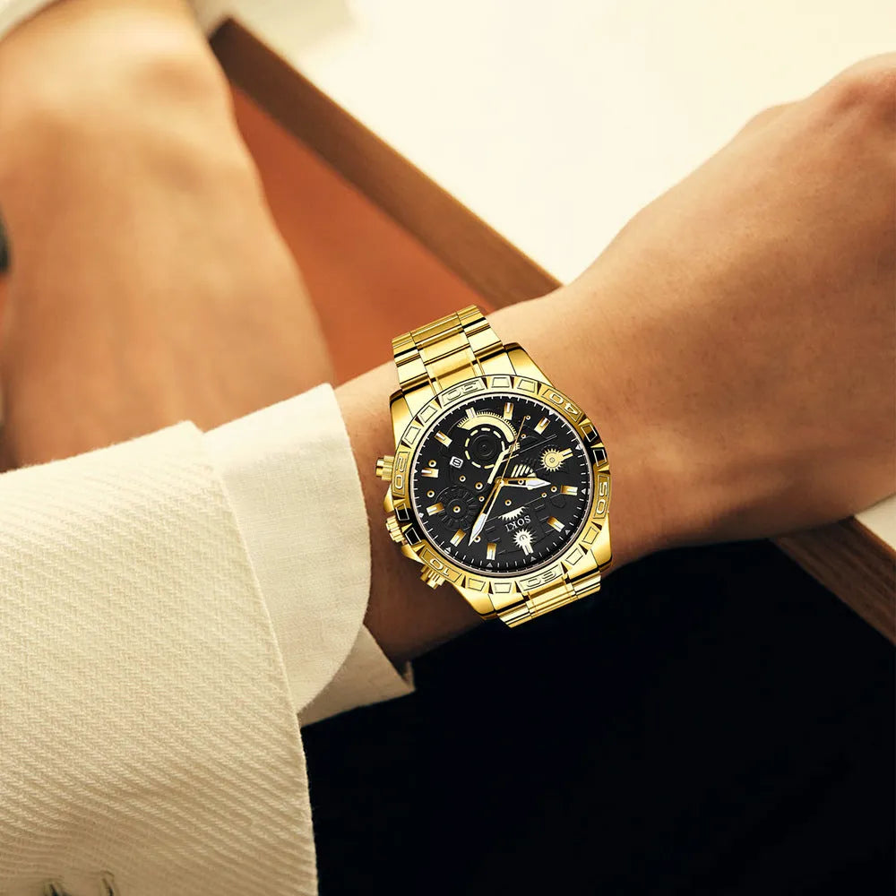 Men's gold-coloured business watch with stainless steel strap showing 10mm thickness profile