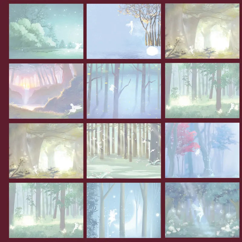 Blue A5 hardcover luminous notebook with retro night elves illustrations open to show full-colour interior pages