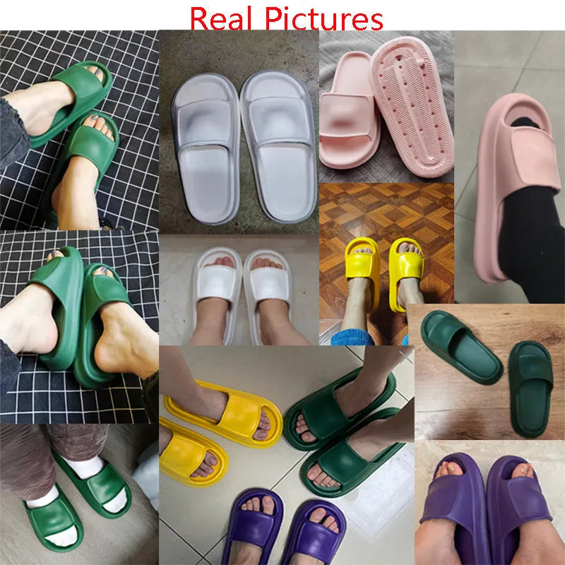 Thickened EVA flip-flop slippers in multiple colours showing the sole thickness.