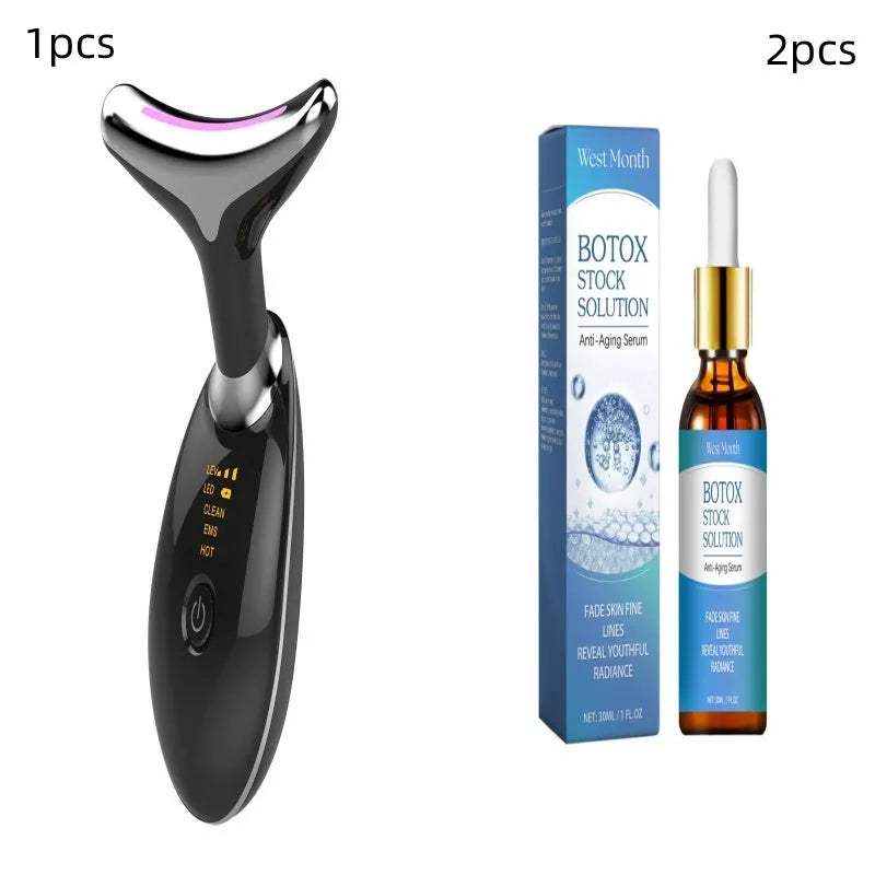 White EMS thermal neck lifting massager device with LED lights, shown with USB cable and moisturiser.