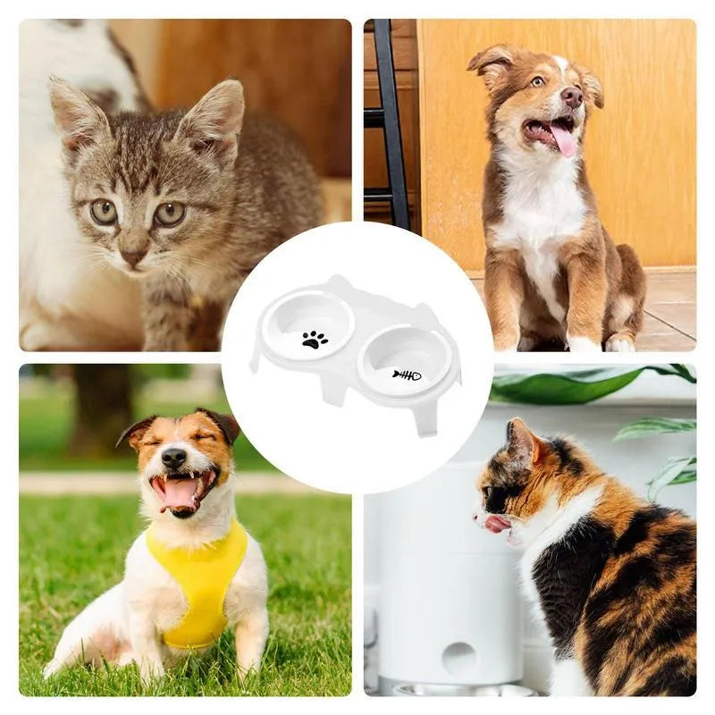 Ceramic cat food and water bowl set with elevated tilted design on ABS stand with hook