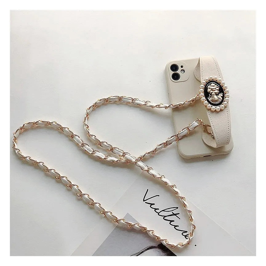White TPU back cover phone case with wrist strap and crossbody chain for iPhone, shown with included lanyard.