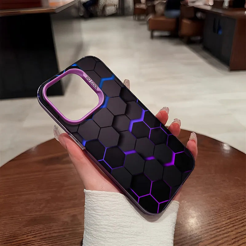 Frosted protective phone case for Apple iPhone with honeycomb pattern, shown in Moonlight Black colour.