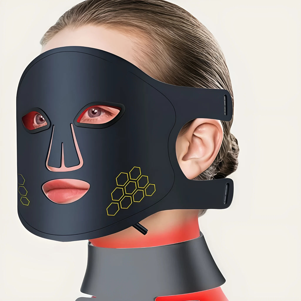 Black LED photon therapy face mask with four-colour infrared lights and adjustable settings for home skincare treatment