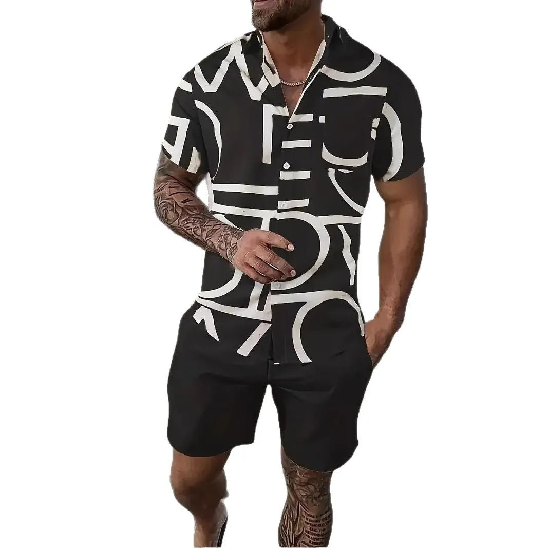 Men's Hawaiian print 3D short sleeve suit top and shorts set on a mannequin.