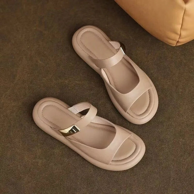 Women's apricot leather peep toe platform sandals with flat rubber soles