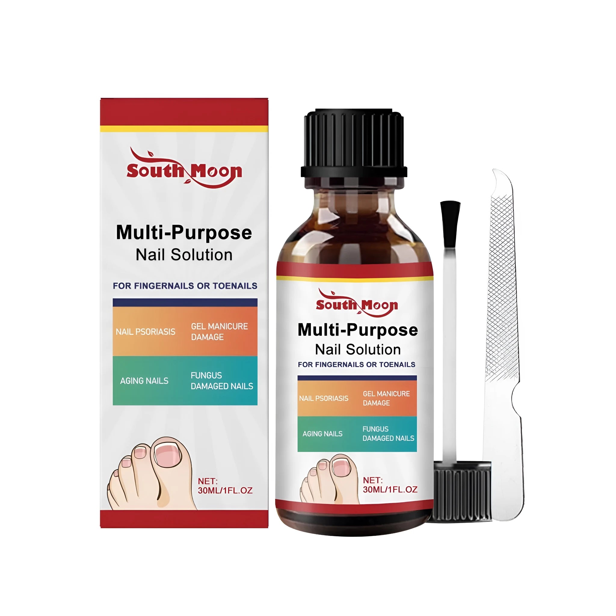 30ml bottle of nail care solution and a metal nail file on a white background