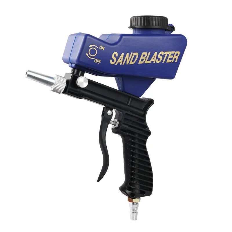 Portable pneumatic sandblasting gun with tank, shown in black or blue, for workshop surface cleaning.