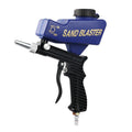 Portable pneumatic sandblasting gun with tank, shown in black or blue, for workshop surface cleaning.