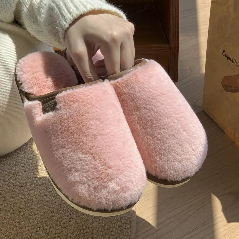 Solid colour winter plush slippers with non-slip PVC sole