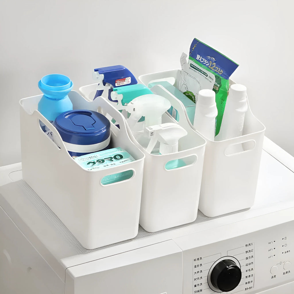 PE storage basket with handle for bathroom laundry detergent and household sundries, in white or transparent.