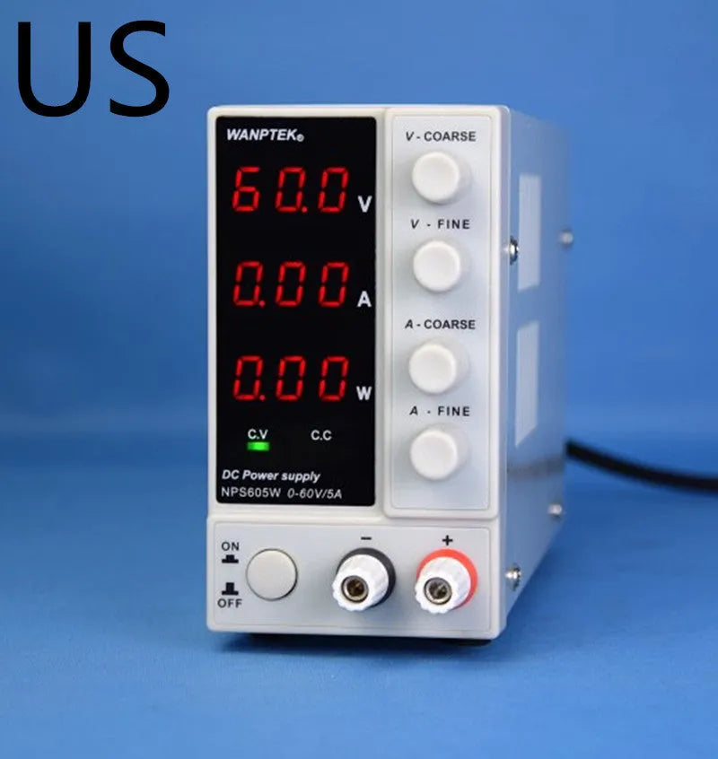 White adjustable DC bench power supply model S605W with 60V 5A output for mobile phone and notebook repair.
