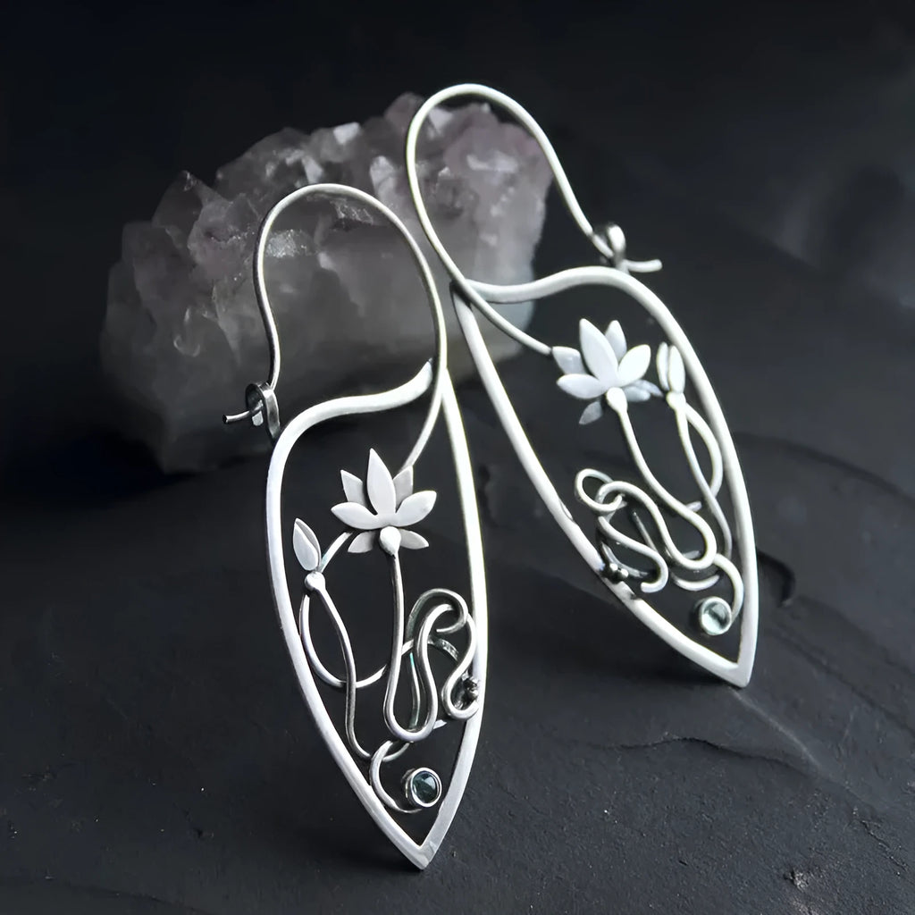 Silver retro style alloy earrings with lotus vine and geometric flower design featuring round rhinestones