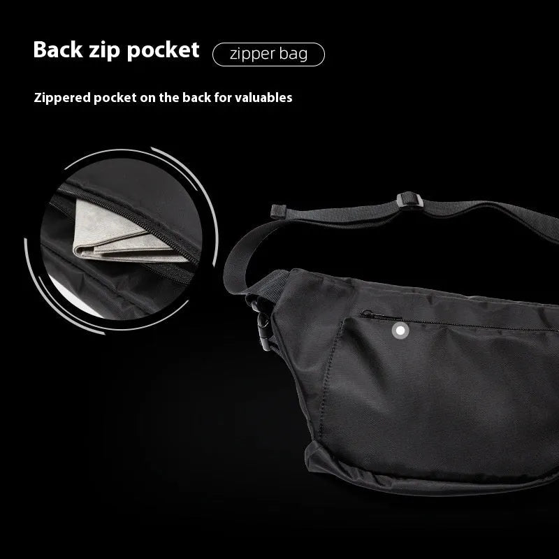 Black slanted chest bag showing sewing line details and 8-inch size