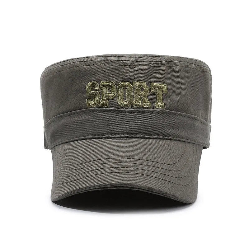 Men's cotton flat-top peaked cap in adjustable size with dome crown