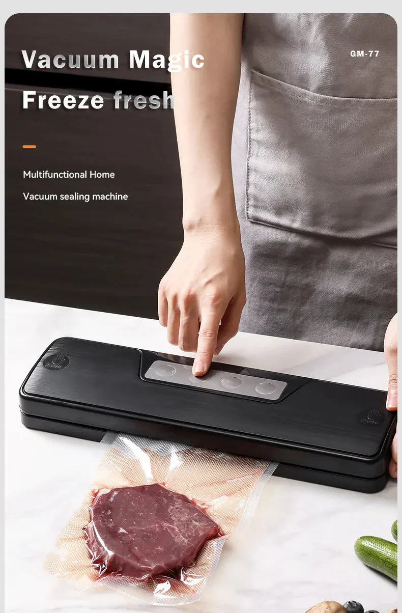 Black automatic vacuum sealer machine for household food preservation and item storage