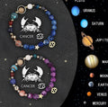 A set of two natural stone beaded bracelets for zodiac signs on a neutral background.