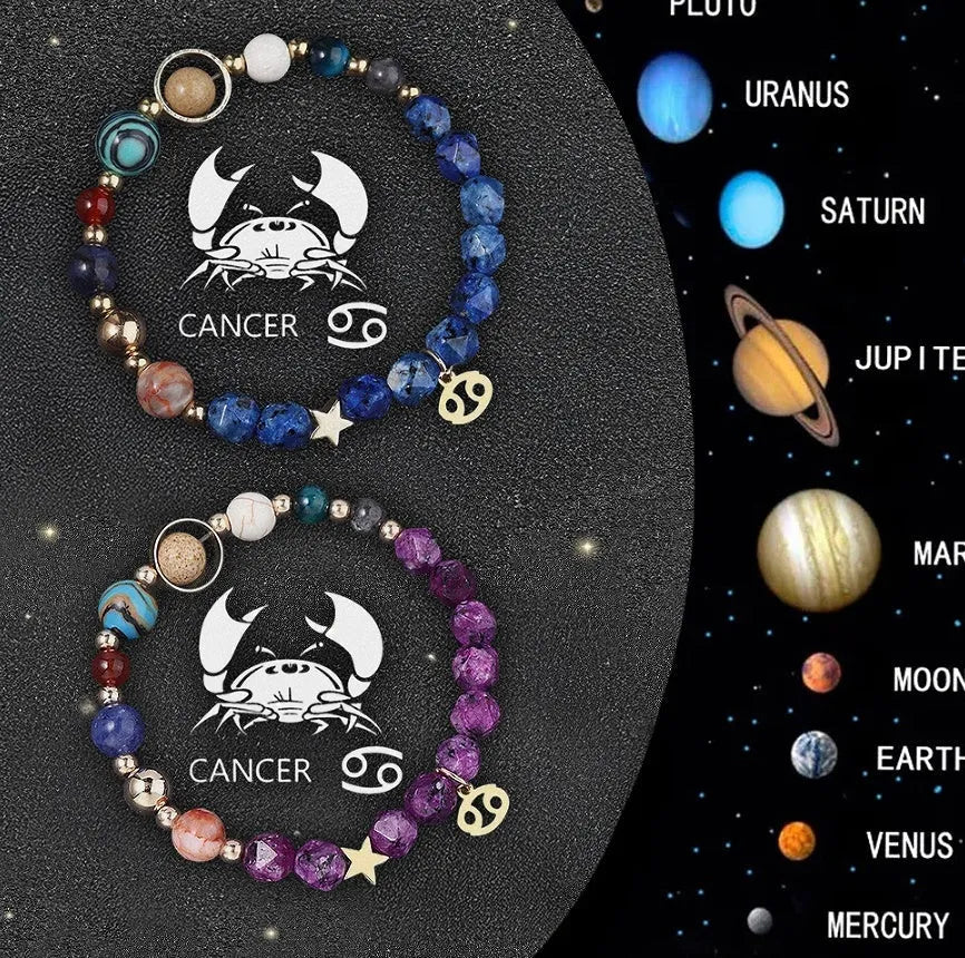 A set of two natural stone beaded bracelets for zodiac signs on a neutral background.