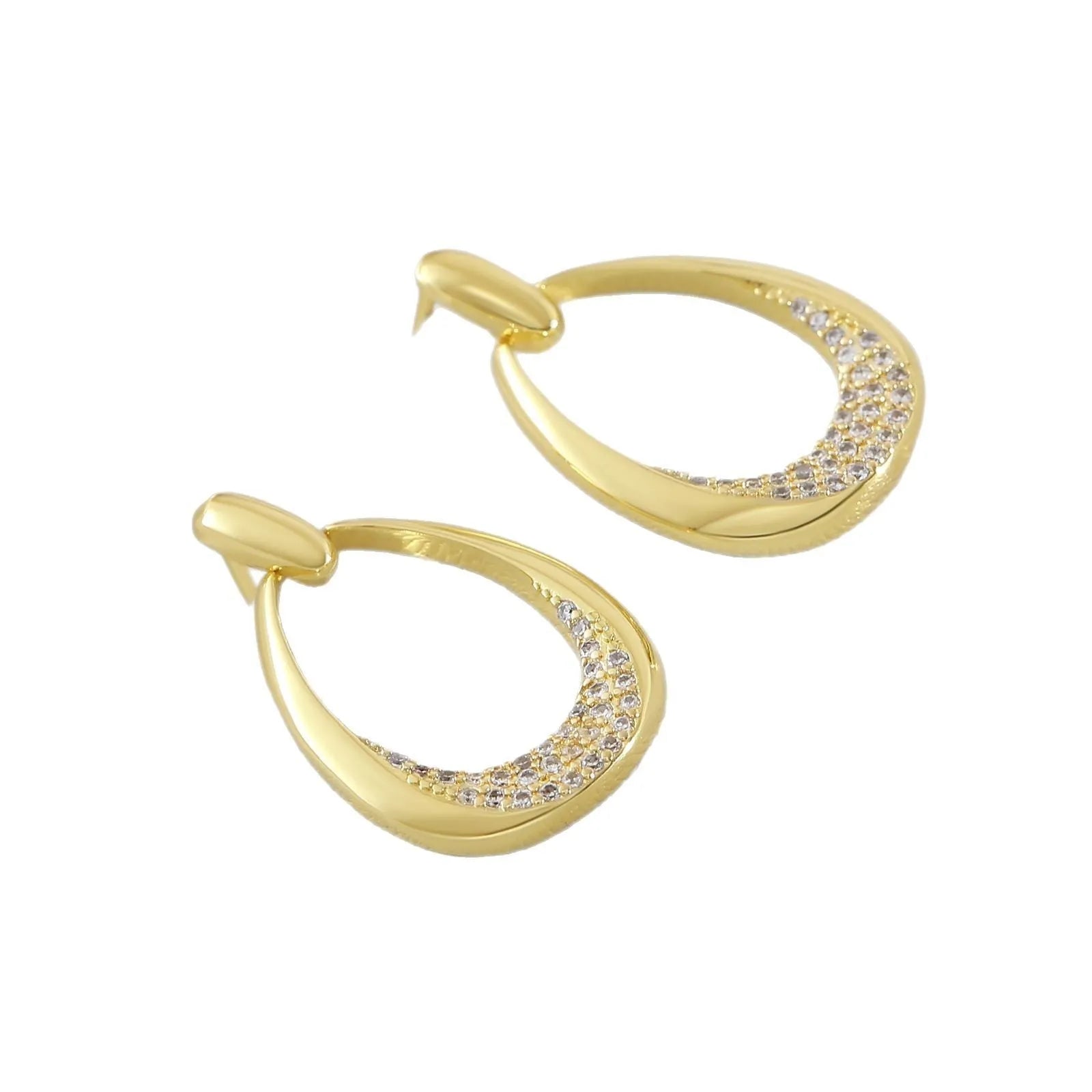 Women's yellow gold geometric drop earrings with zircon detailing, measuring 2.6cm by 1.7cm