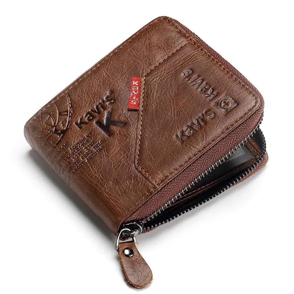 Coffee coloured genuine leather men's wallet with vintage locomotive design and multiple internal compartments