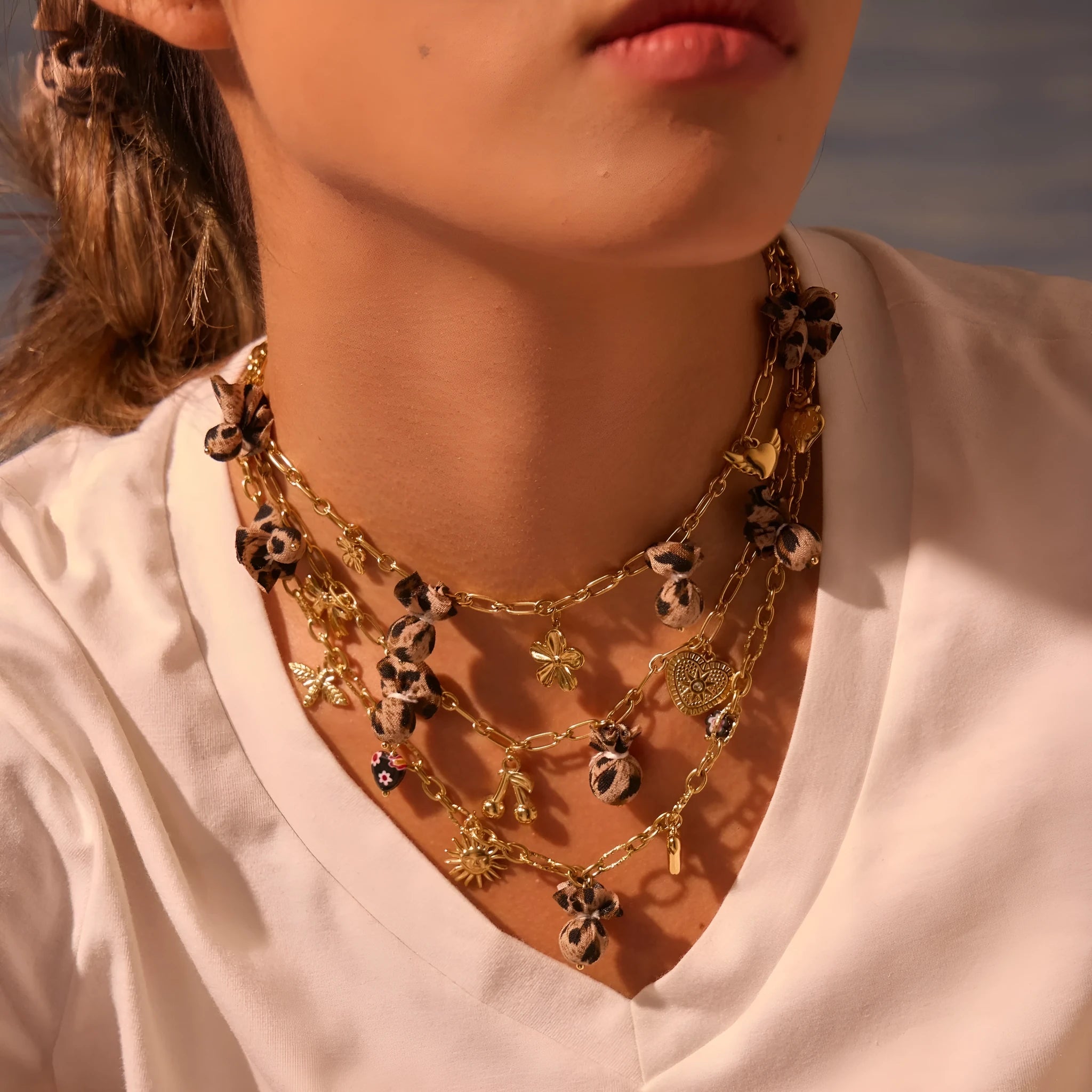 Geometric pendant stainless steel necklace with leopard, love heart and flower designs on adjustable chain