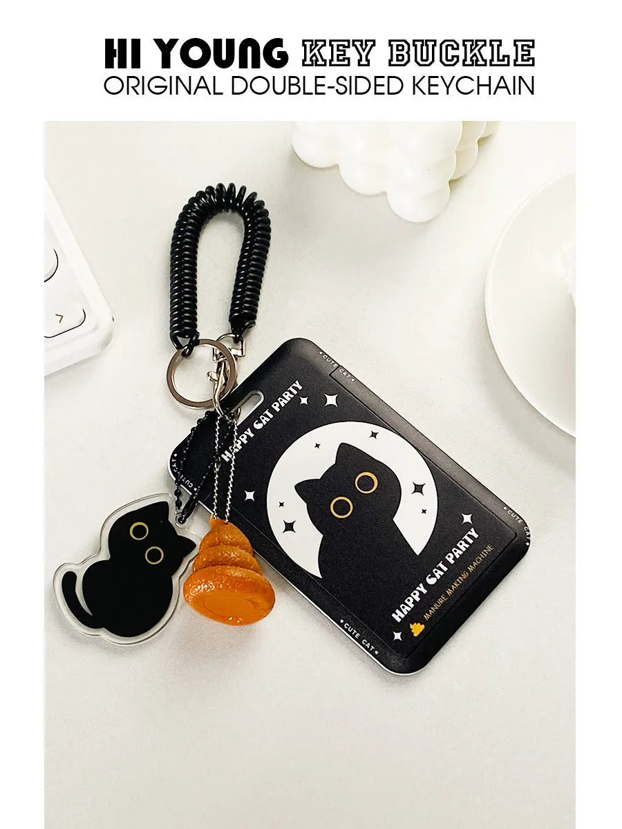 Cute little black cat cartoon plastic card holder with a metal ferrule pendant attached.