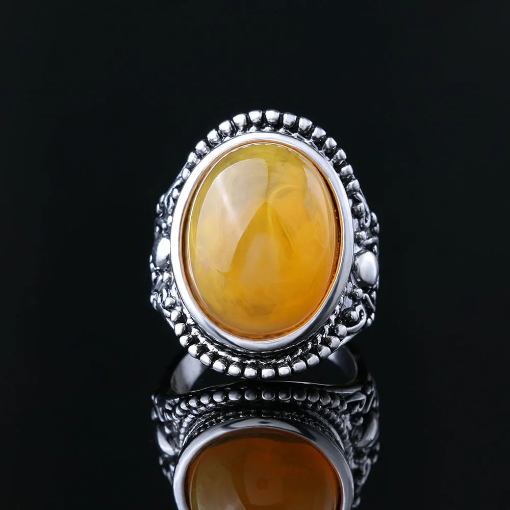 Geometric retro-style alloy ring with fluorescent beeswax plating and antique silver amber finish