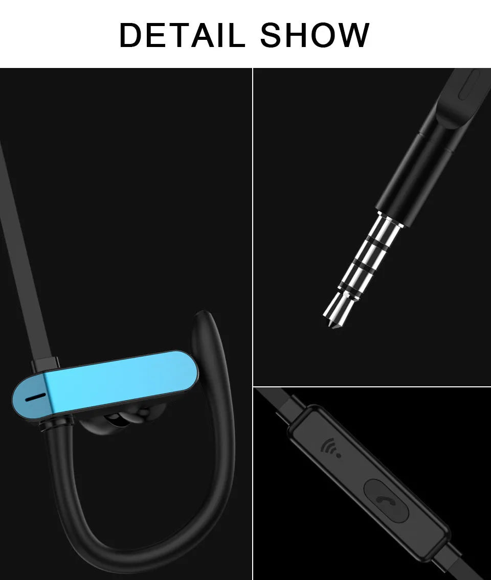 Black and blue sport ear hook earbuds with in-line microphone, shown with flexible hooks and silicone earbud tips