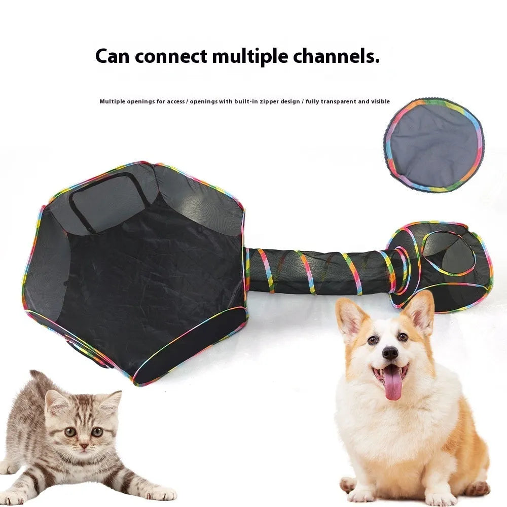 Foldable mesh cat roll cage toy showing multiple shape configurations for feline play