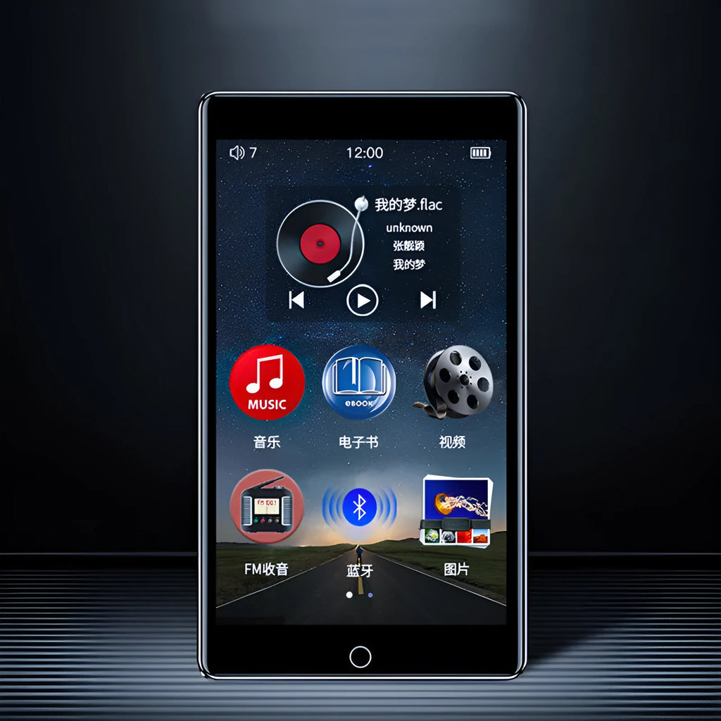 Black Ruizu H1 slim MP4 player with 4-inch touch screen displaying media menu.