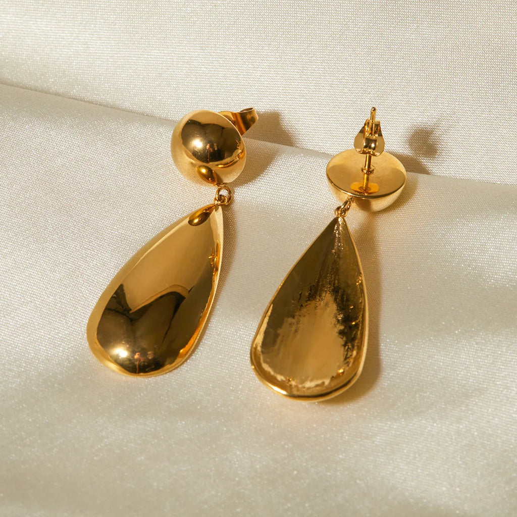 Gold hemisphere water drop pendant earrings with geometric design and electroplated finish