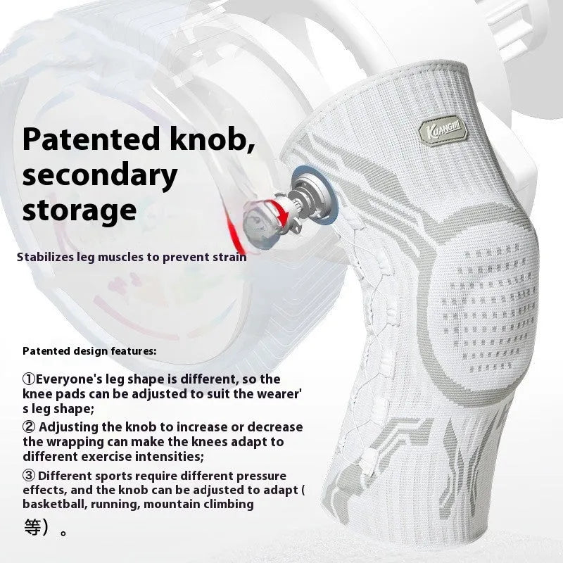 Grey-white sports knee pads showing left and right foot-specific design for basketball, football, and badminton protection