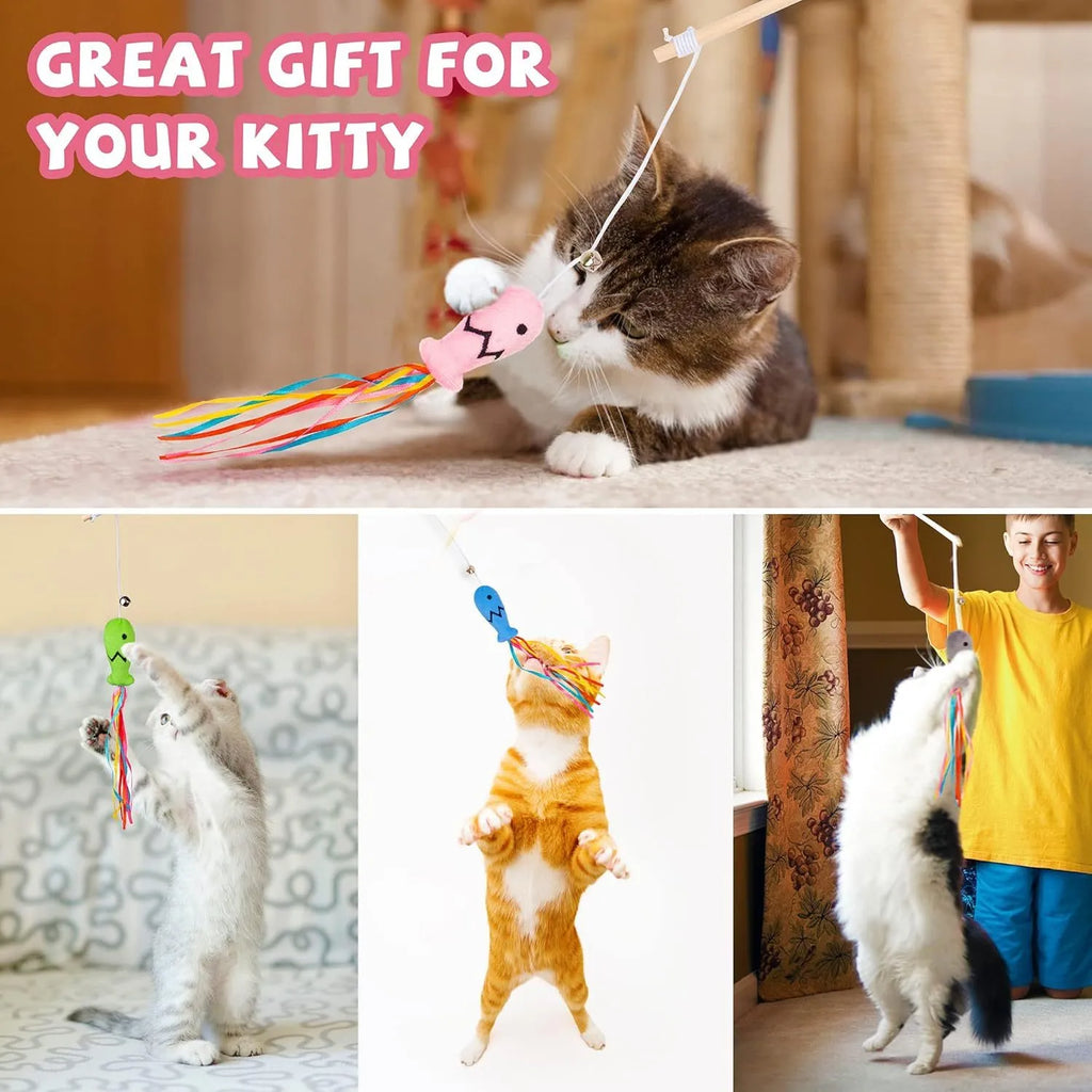 Interactive cat wand toy with colourful ribbons, catnip fish, and bell on a wooden handle