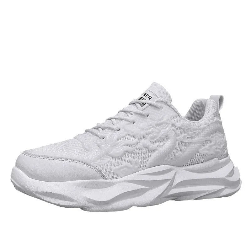 Casual sneakers with fly knit upper in Chinese dragon colours and rubber sole