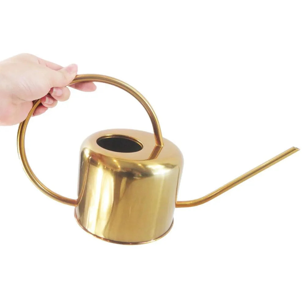 Stainless steel watering can with a long spout, shown in a choice of black, gold, or metallic finish.