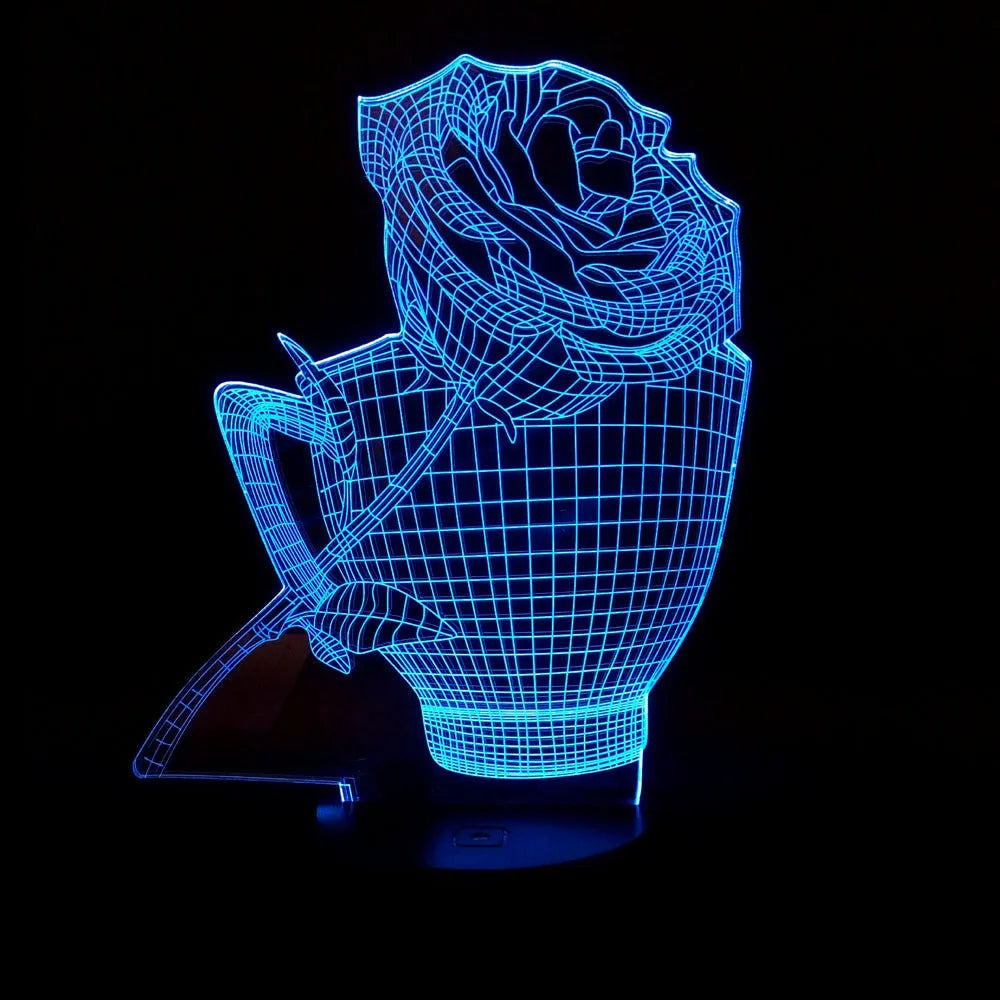 3D rose design night light on a black base showing multicolour gradient illumination.