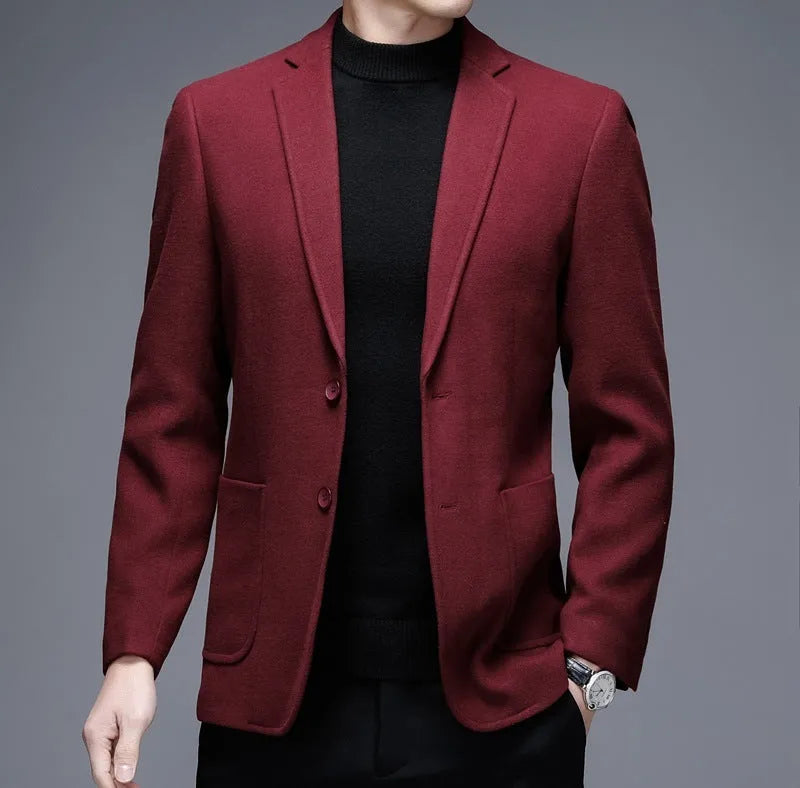 Men's loose fit winter jacket in woolen suit style available in grey, navy blue, red, and yellow