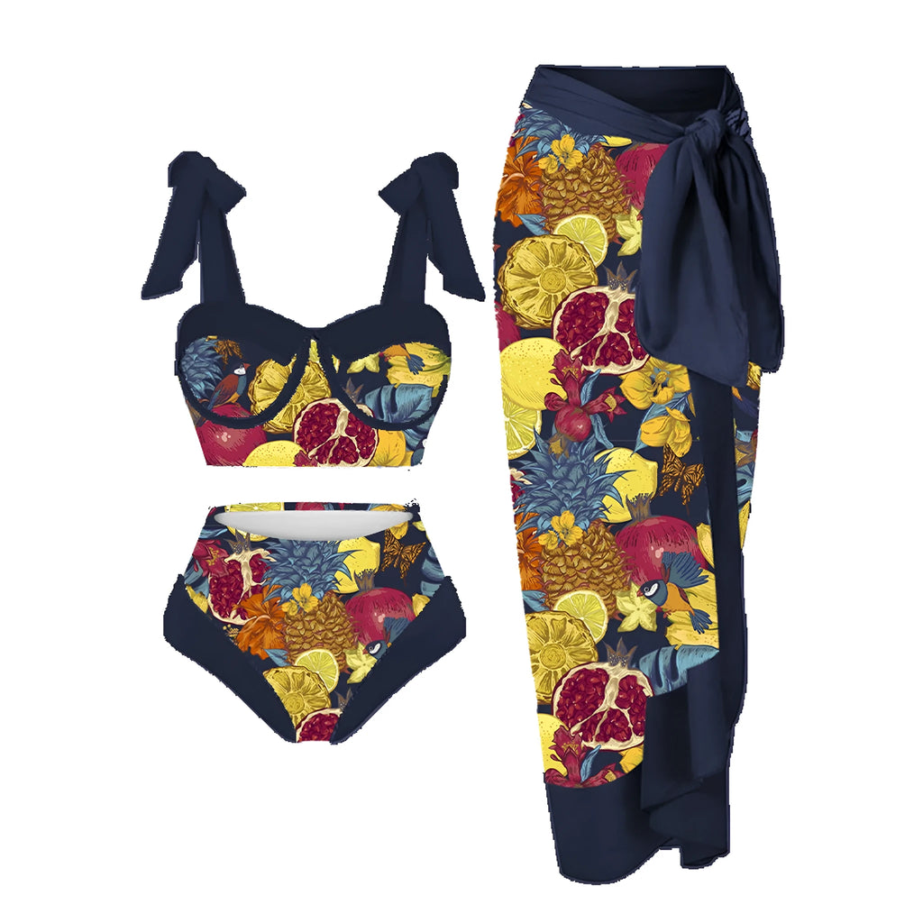Women's printing split swimsuit three-piece set showing skirt, bra and panties in polyester fabric