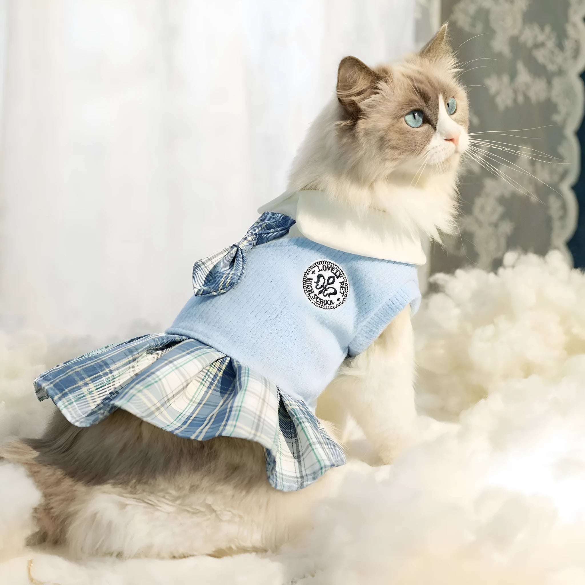 Tartan pattern skirt for small dogs or cats in polyester fabric, shown in pink colour.