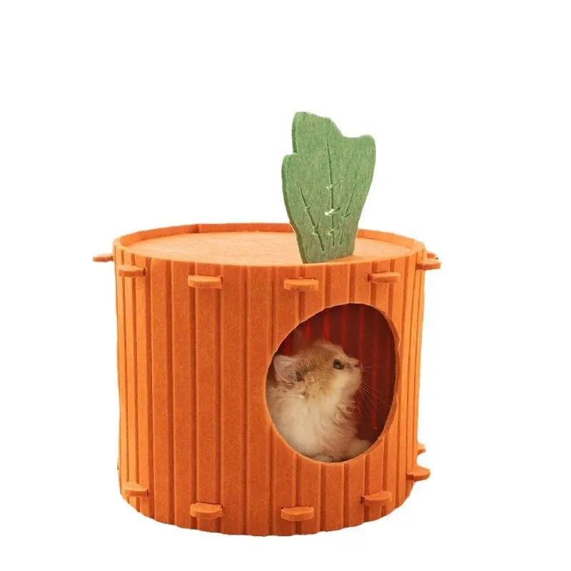 Orange felt carrot-shaped cat nest tunnel with a circular entrance hole, shown in two size options.