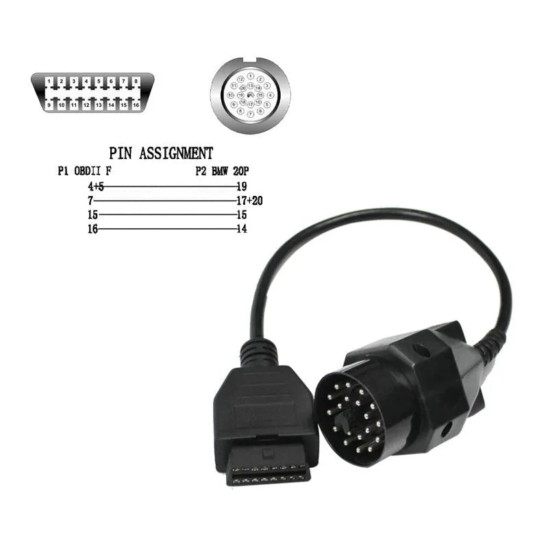 BMW 20-pin to standard 16-pin OBD2 diagnostic adapter cable on a white background.