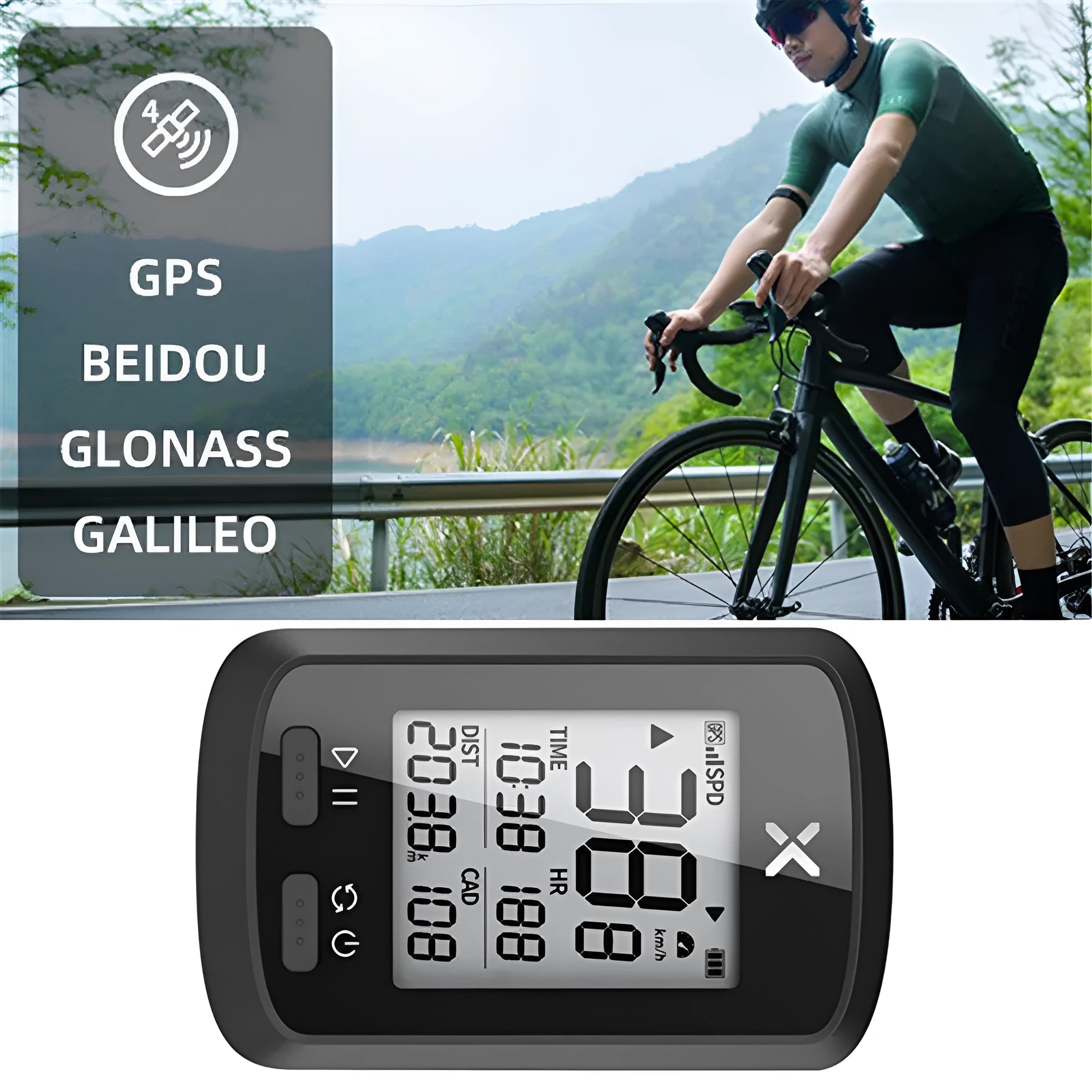 Black waterproof plastic bicycle stopwatch with digital display mounted on bike handlebars.