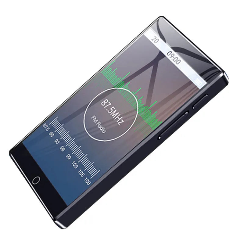 Black Ruizu H1 slim MP4 player with 4-inch touch screen displaying media menu.