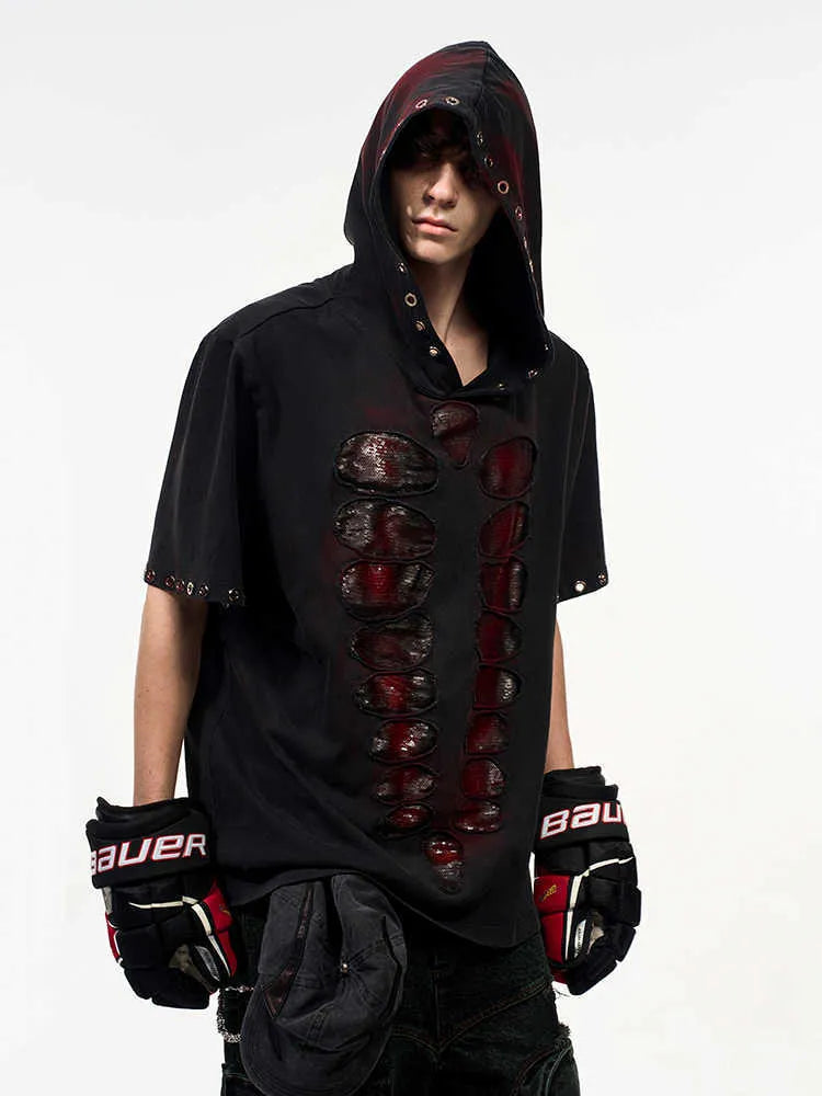 Black hooded men's t-shirt with sequin detailing in loose-fitting short-sleeve design
