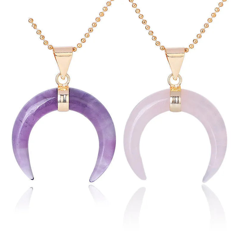 Natural stone moon pendant necklace with electroplated copper chain, adjustable 21-50cm length, pink or purple crystal option