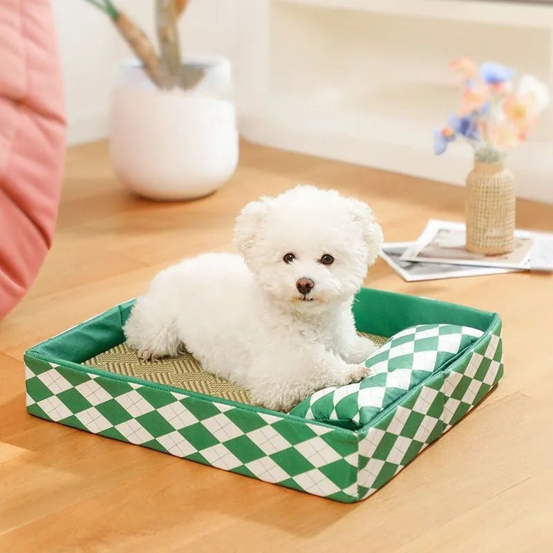 Blue rattan cat mat with anti-slip base shown in L 70x50cm size on wooden floor