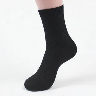 Men's bamboo fiber business socks in navy blue and grey with medium thickness knit and small square style pattern