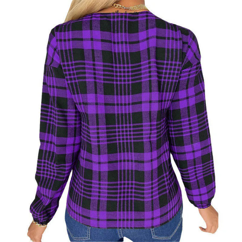 Women's loose plaid casual shirt in polyester available sizes S-3XL colours grey purple red